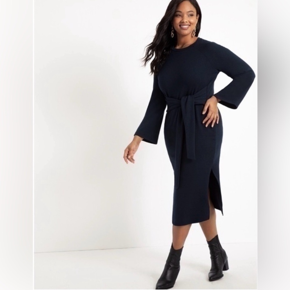 EUC Eloquii Tie-Front Sweater MIDI Dress Black Office Party Dinner Size 14/16